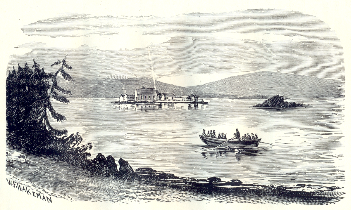 Etching of a boat on a lake by W. F. Wakeman, 1876.