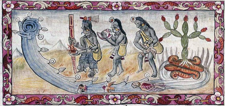 A painting by Frey Diego Durán depicting a ritual to appease the gods for flooding Tenochtitlán, circa 1500s. Public domain.