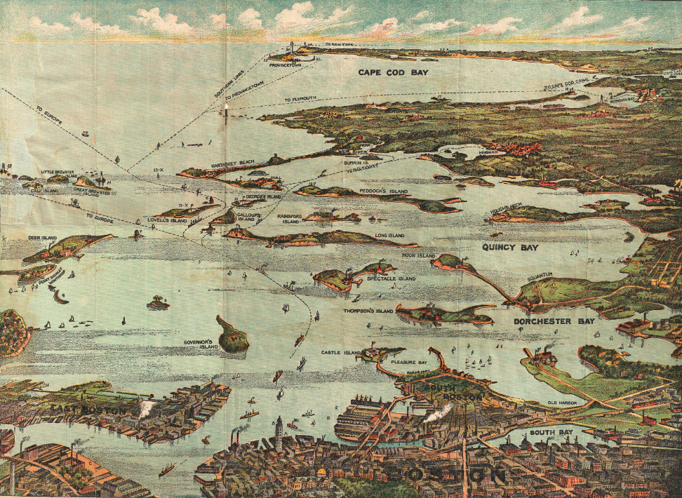 An 1899 bird’s-eye view of Boston Harbor. Map by the Union News Company, c. 1899. Public domain.