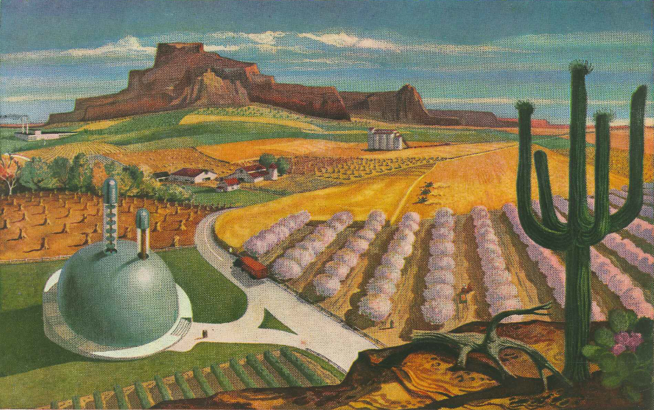 Illustration of a desert landscape with nuclear technology and infrastructure.